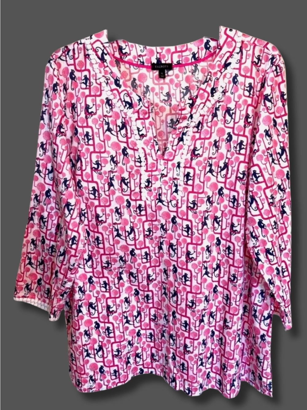 Talbots XL Monkey Print Tunic Top Pink 100% Cotton Pom Pom Trim Resort